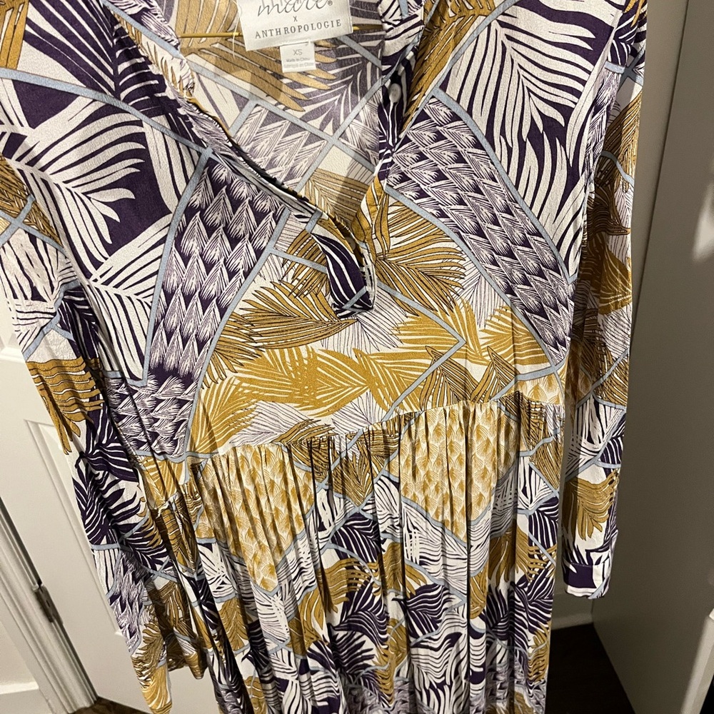 Anthropologie Purple and Gold Leaf Print Maxi Dress